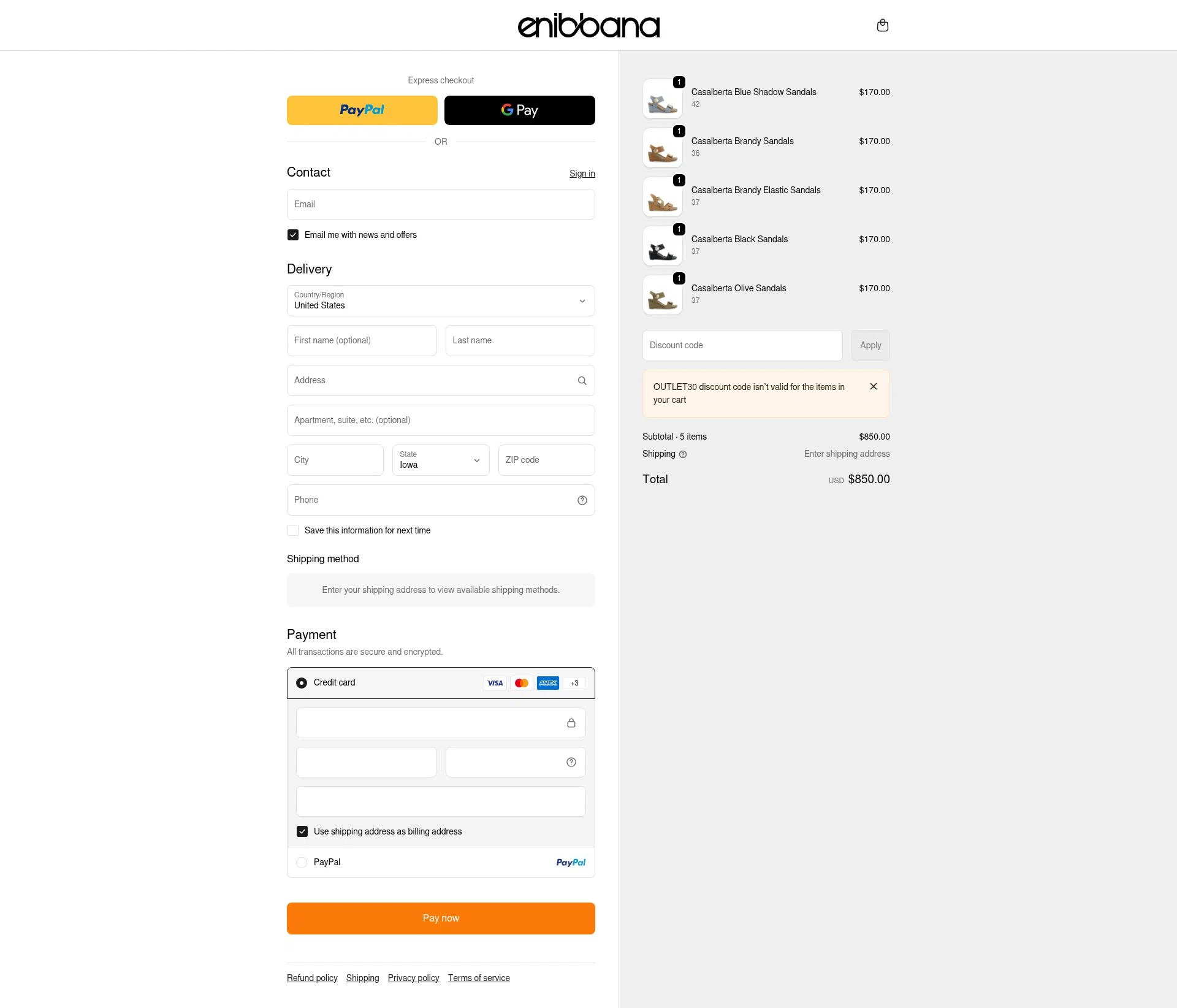 Enibbana checkout page showing Enibbana discount code box | Screenshot taken by SimplyCodes community member on Feb 18, 2026