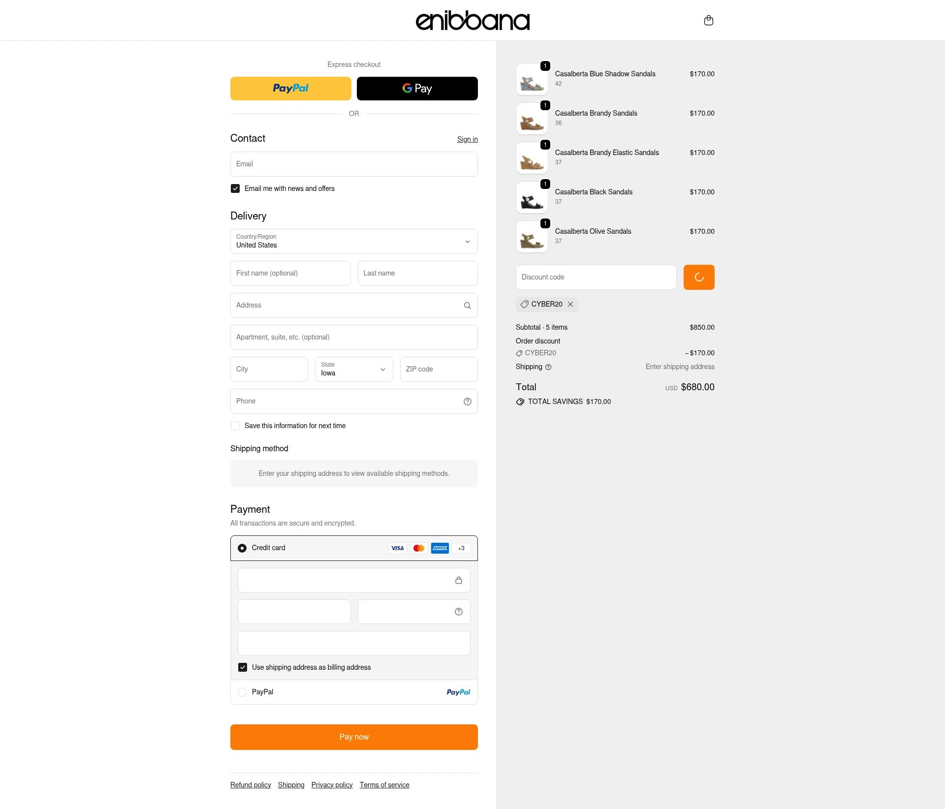 Enibbana checkout page showing Enibbana discount code box | Screenshot taken by SimplyCodes community member on Feb 13, 2026