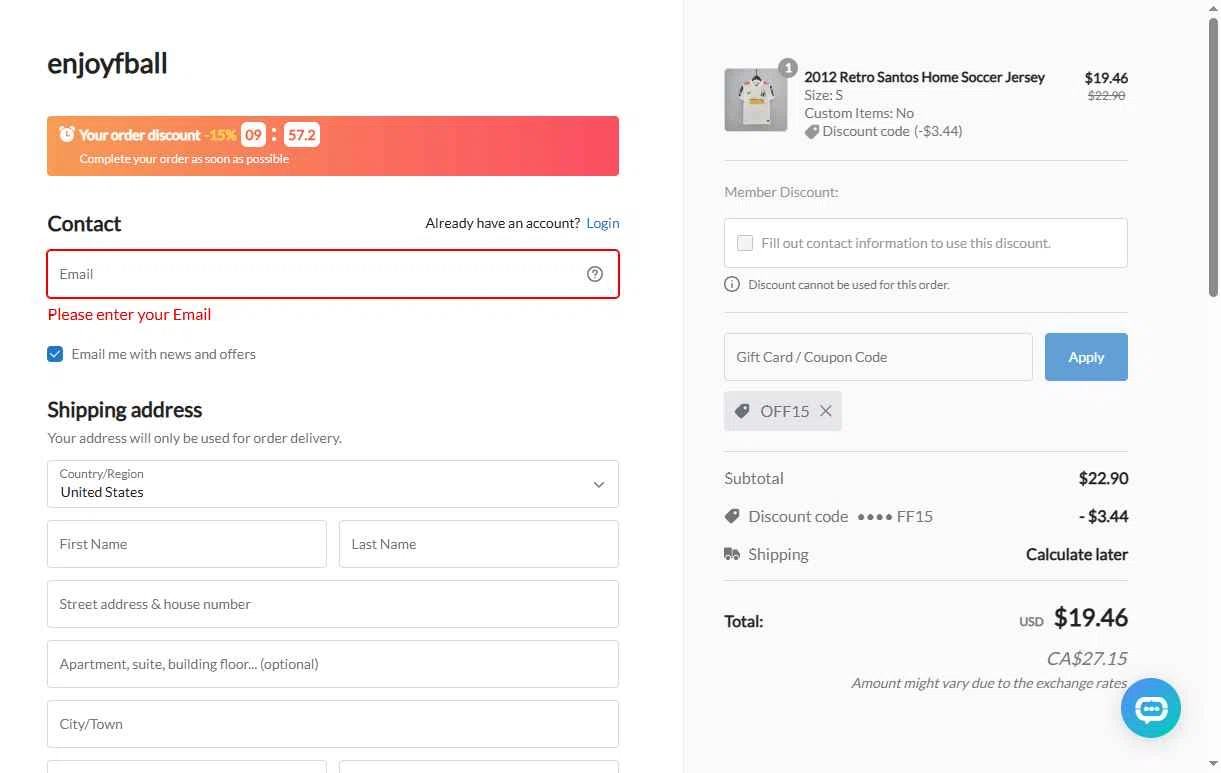 enjoyfball checkout page showing enjoyfball promo code box | Screenshot taken by SimplyCodes community member on Oct 7, 2025