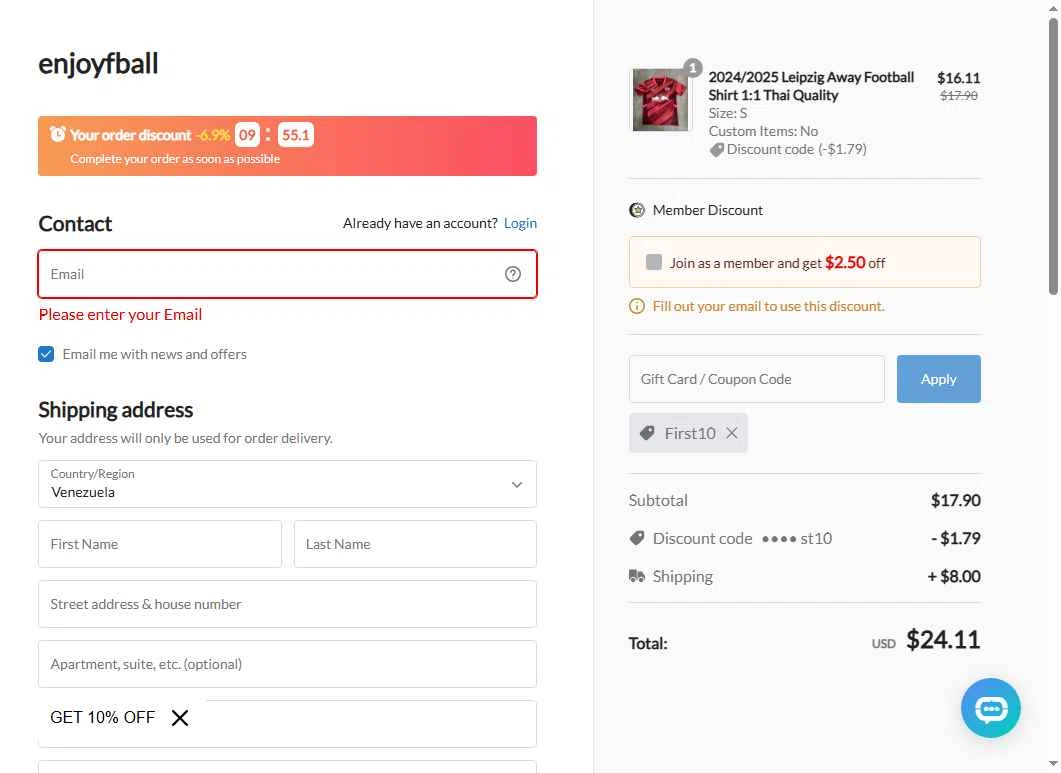 enjoyfball checkout page showing enjoyfball promo code box | Screenshot taken by SimplyCodes community member on Dec 19, 2025
