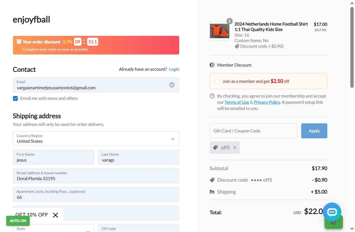 enjoyfball checkout page showing enjoyfball promo code box | Screenshot taken by SimplyCodes community member on Nov 30, 2025