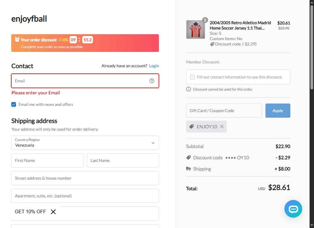 enjoyfball checkout page showing enjoyfball promo code box | Screenshot taken by SimplyCodes community member on Oct 31, 2025