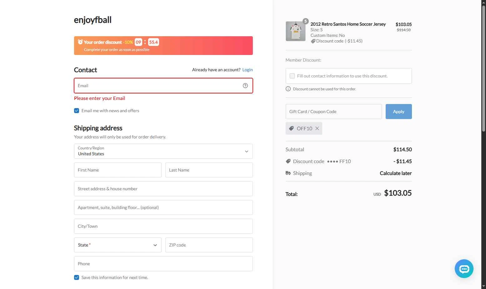 enjoyfball checkout page showing enjoyfball promo code box | Screenshot taken by SimplyCodes community member on Oct 8, 2025
