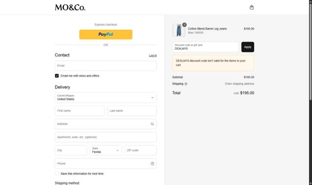 MO&Co checkout page showing MO&Co discount code box | Screenshot taken by SimplyCodes community member on Sep 2, 2025