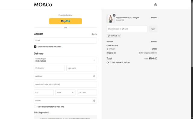 MO&Co checkout page showing MO&Co discount code box | Screenshot taken by SimplyCodes community member on Sep 13, 2025