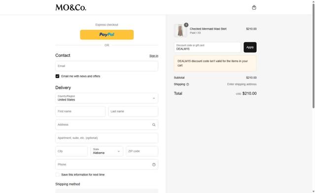 MO&Co checkout page showing MO&Co discount code box | Screenshot taken by SimplyCodes community member on Sep 16, 2025