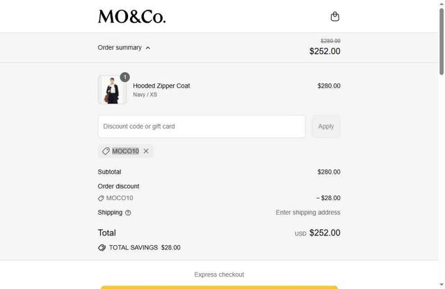 MO&Co checkout page showing MO&Co discount code box | Screenshot taken by SimplyCodes community member on Jul 29, 2025