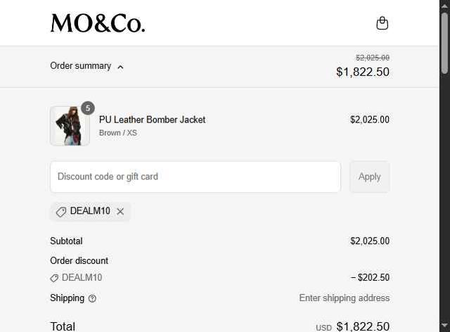 MO&Co checkout page showing MO&Co discount code box | Screenshot taken by SimplyCodes community member on Sep 2, 2025