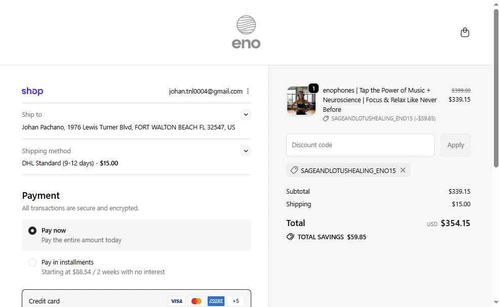 Enophones checkout page showing Enophones promo code box | Screenshot taken by SimplyCodes community member on Oct 16, 2025