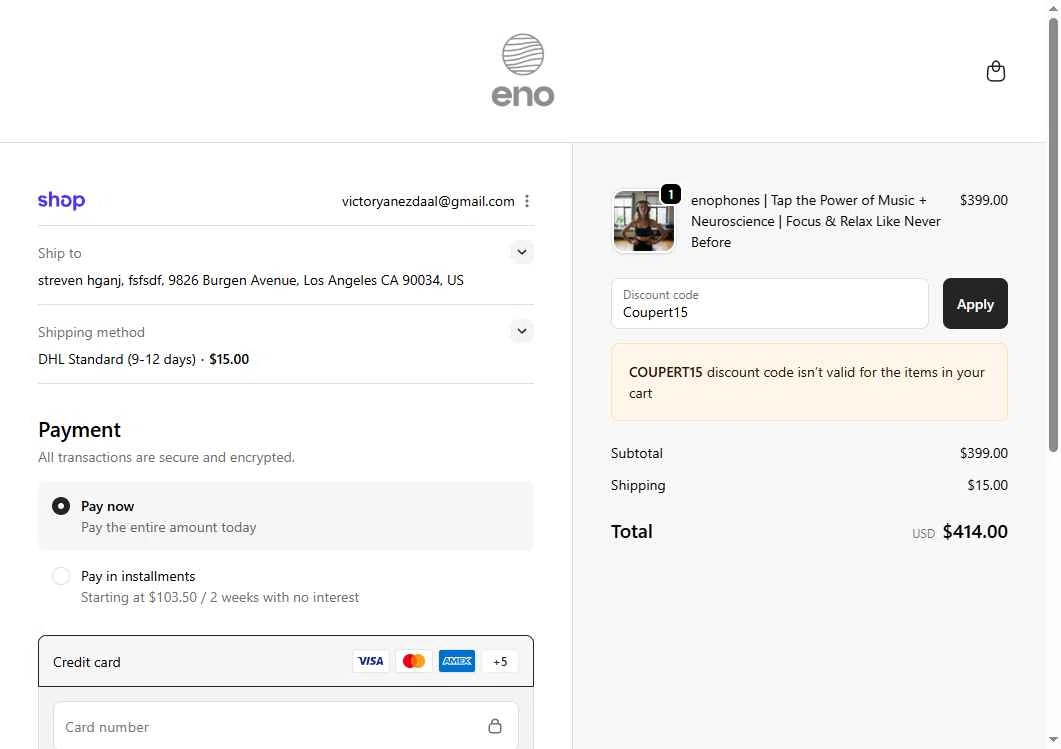 Enophones checkout page showing Enophones promo code box | Screenshot taken by SimplyCodes community member on Sep 26, 2025