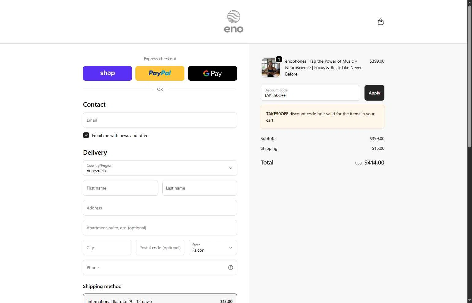Enophones checkout page showing Enophones promo code box | Screenshot taken by SimplyCodes community member on Sep 21, 2025