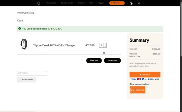 Enphase Energy checkout page showing Enphase Energy promo code box | Screenshot taken by SimplyCodes community member on Aug 12, 2025