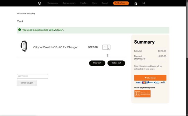 Enphase Energy checkout page showing Enphase Energy promo code box | Screenshot taken by SimplyCodes community member on Jul 4, 2025