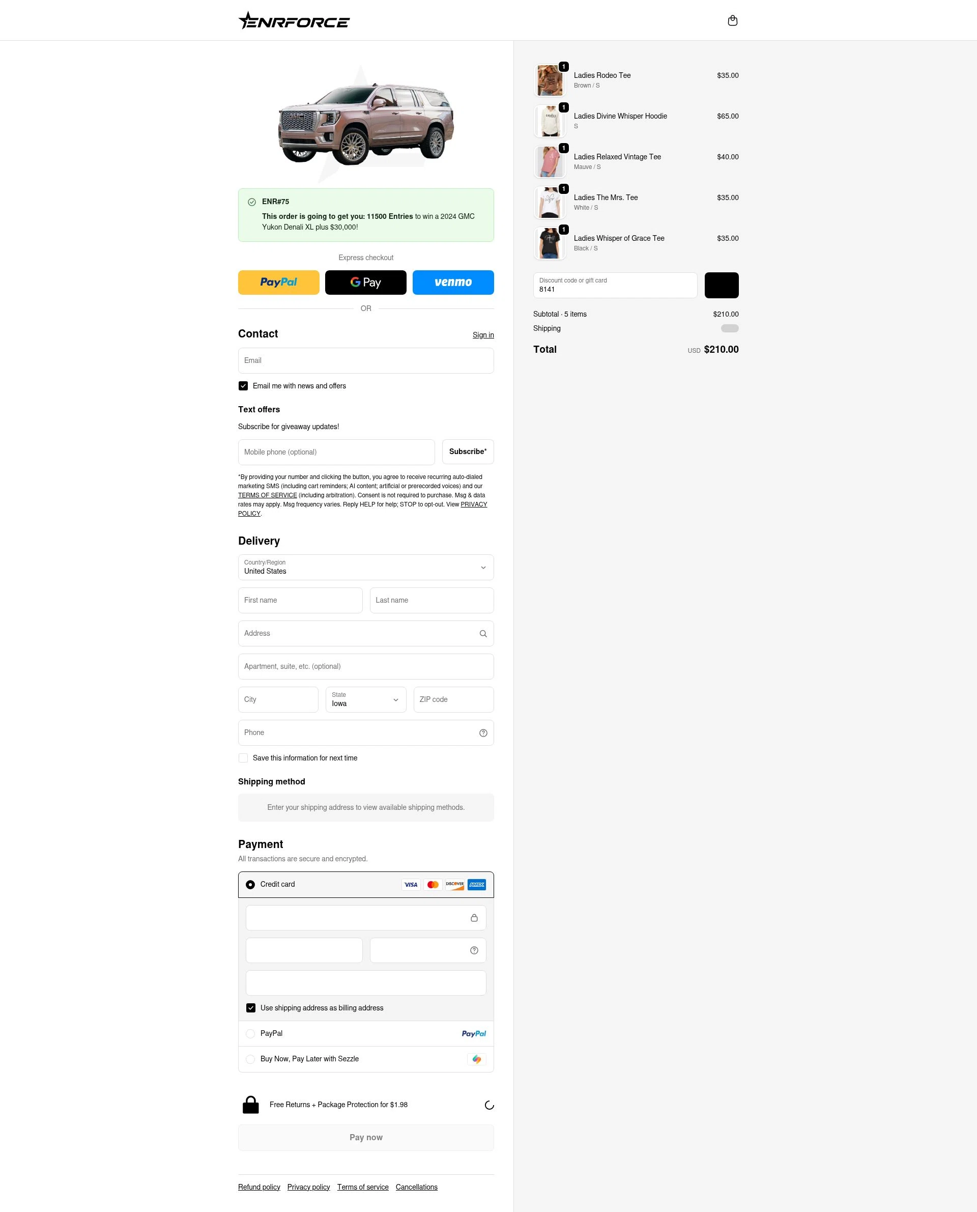 ENRFORCE checkout page showing ENRFORCE discount code box | Screenshot taken by SimplyCodes community member on Feb 13, 2026
