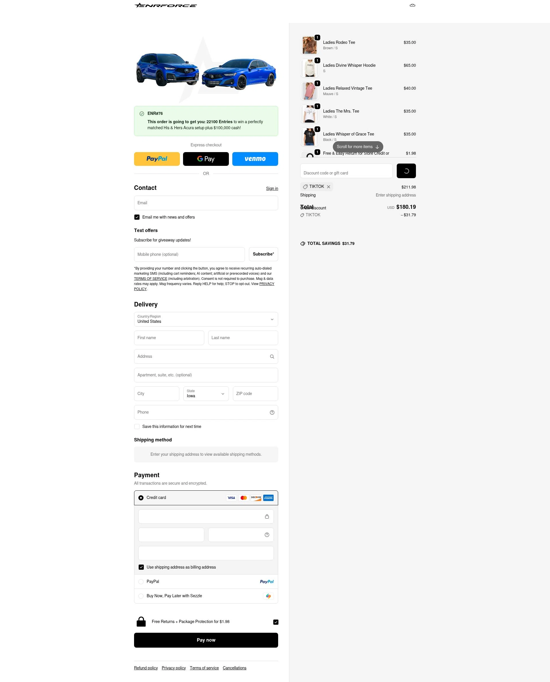 ENRFORCE checkout page showing ENRFORCE discount code box | Screenshot taken by SimplyCodes community member on Feb 18, 2026