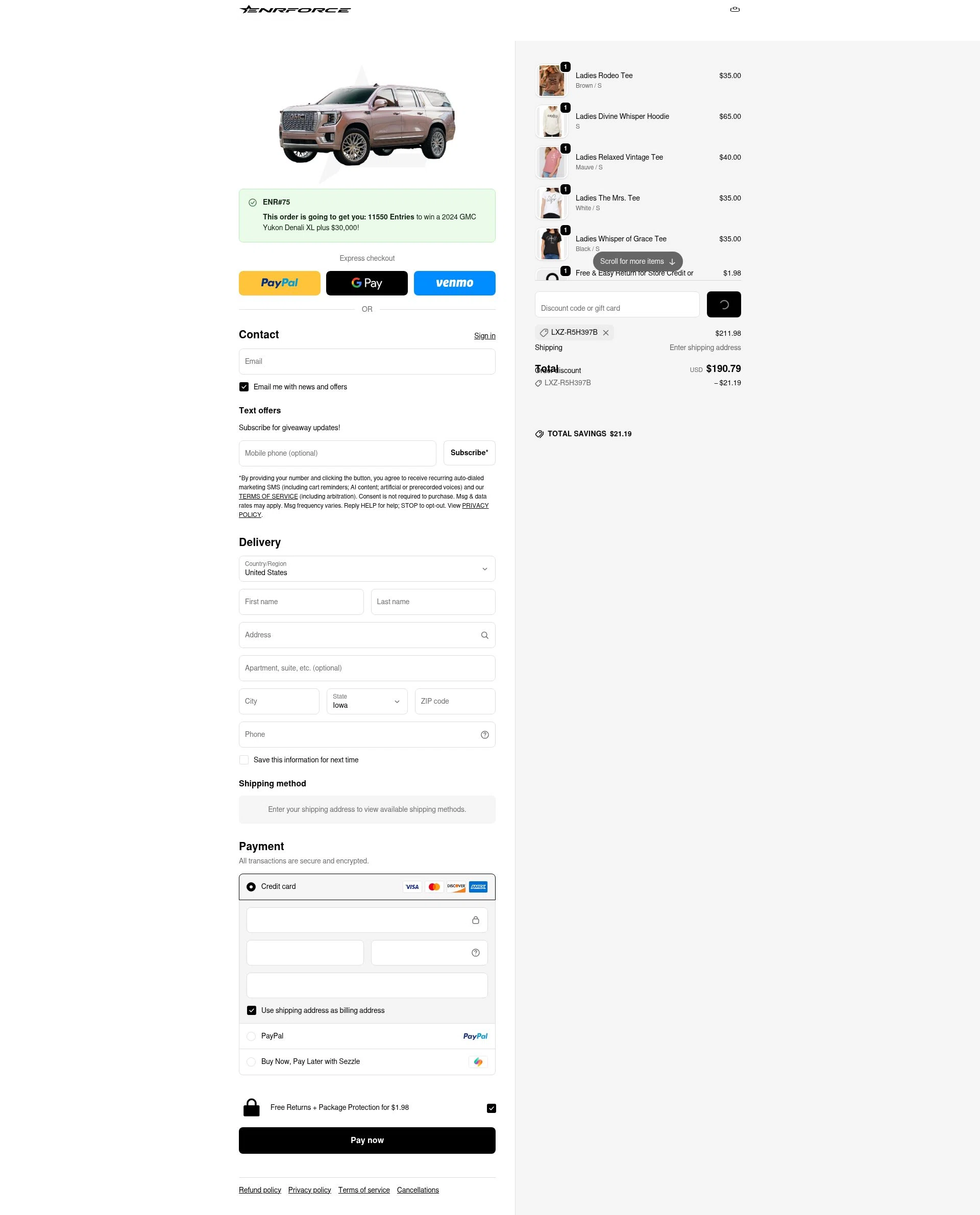 ENRFORCE checkout page showing ENRFORCE discount code box | Screenshot taken by SimplyCodes community member on Feb 13, 2026