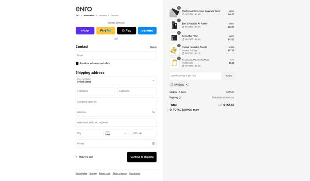 Enro checkout page showing Enro promo code box | Screenshot taken by SimplyCodes community member on Sep 13, 2025