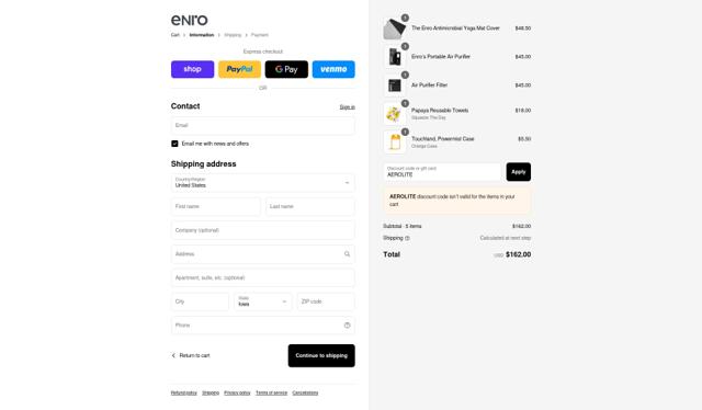 Enro checkout page showing Enro promo code box | Screenshot taken by SimplyCodes community member on Sep 13, 2025