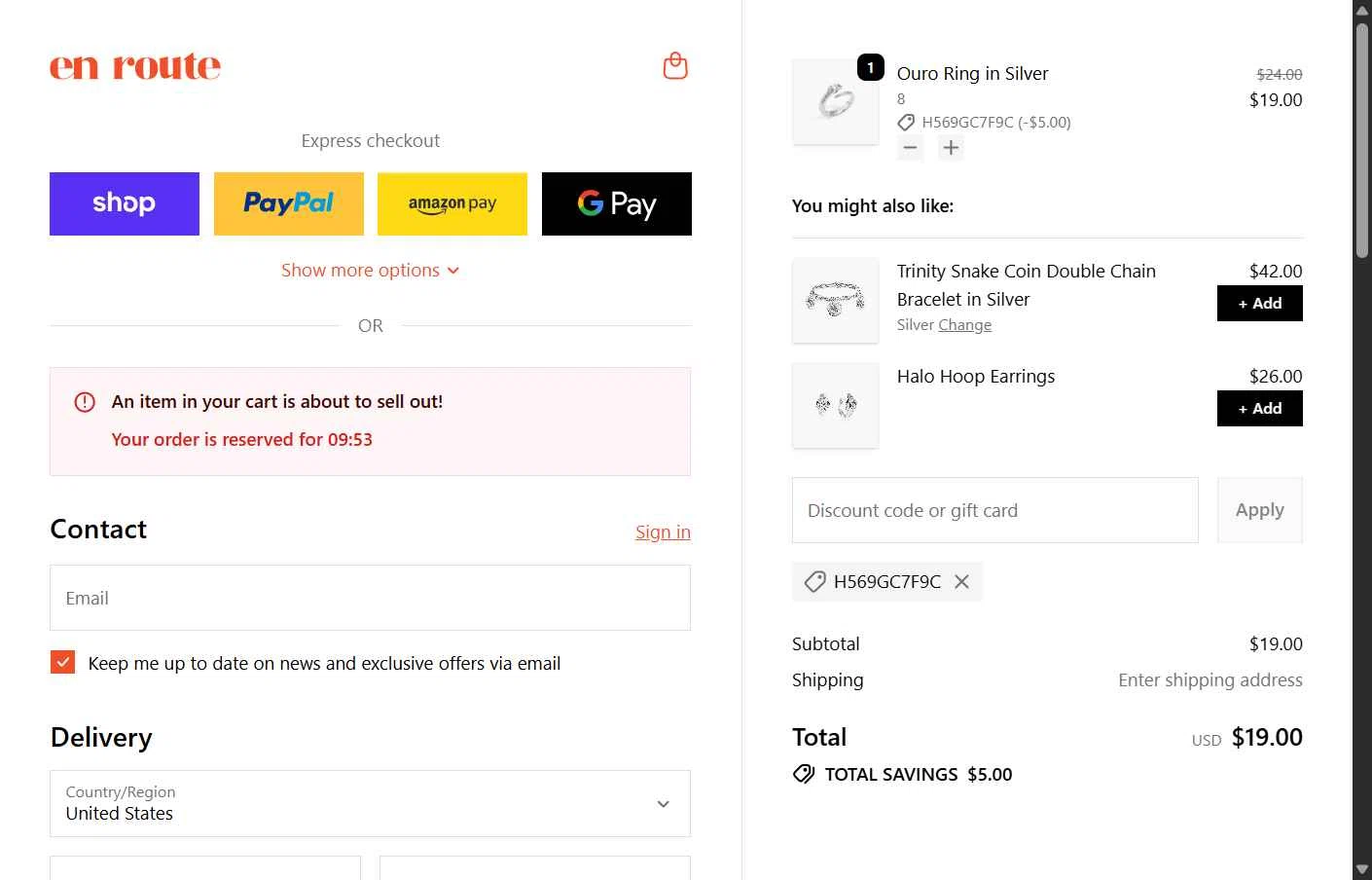En Route Jewelry checkout page showing En Route Jewelry discount code box | Screenshot taken by SimplyCodes community member on Dec 26, 2025