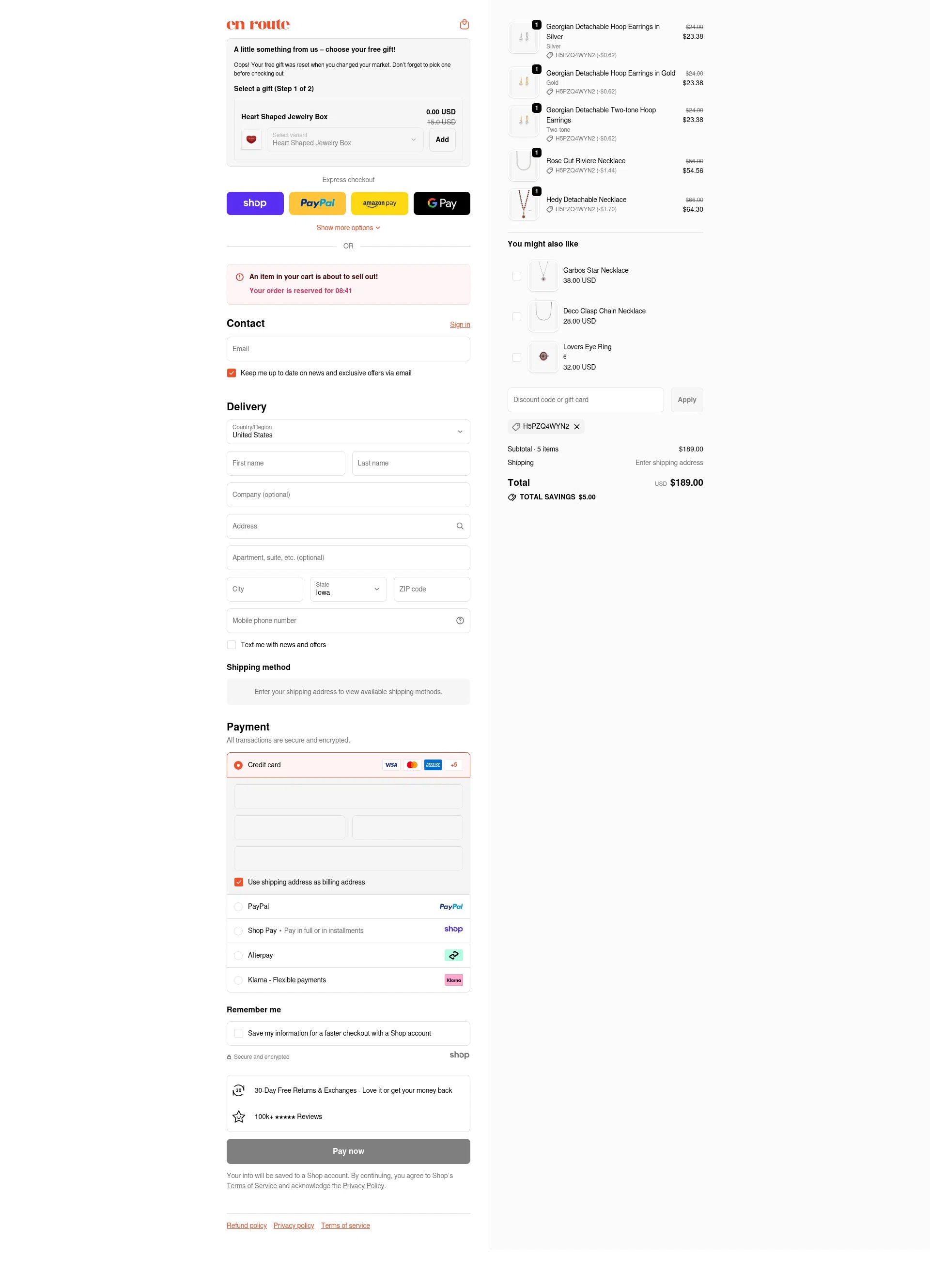En Route Jewelry checkout page showing En Route Jewelry discount code box | Screenshot taken by SimplyCodes community member on Dec 9, 2025