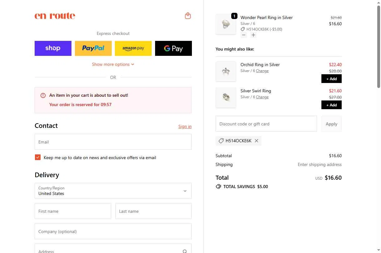 En Route Jewelry checkout page showing En Route Jewelry discount code box | Screenshot taken by SimplyCodes community member on Dec 20, 2025