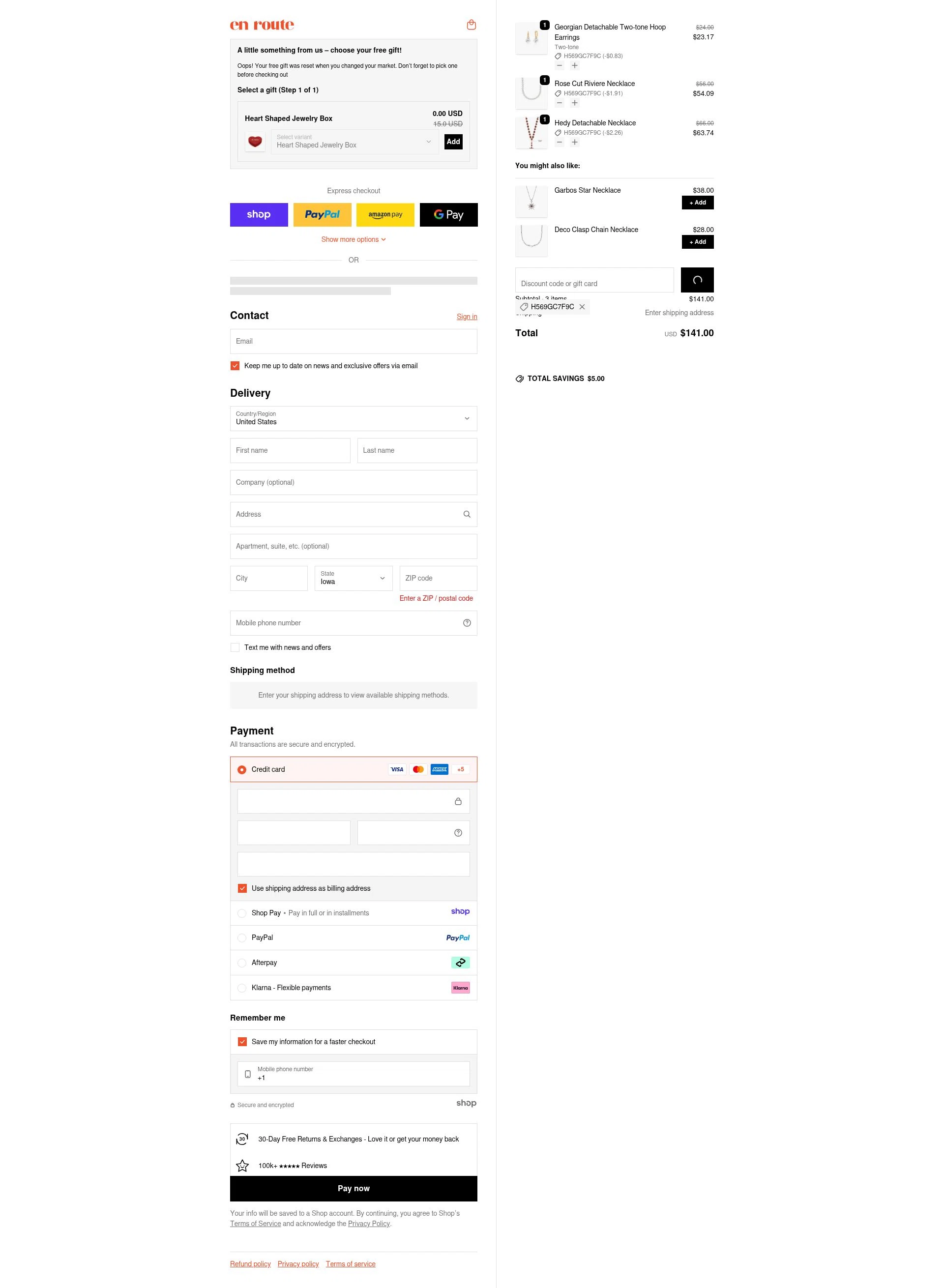 En Route Jewelry checkout page showing En Route Jewelry discount code box | Screenshot taken by SimplyCodes community member on Jan 1, 2026