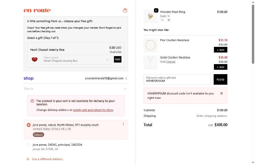 En Route Jewelry checkout page showing En Route Jewelry discount code box | Screenshot taken by SimplyCodes community member on Dec 16, 2025