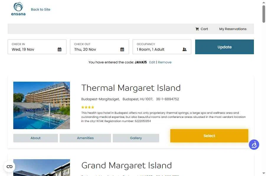 Ensana Hotels checkout page showing Ensana Hotels discount code box | Screenshot taken by SimplyCodes community member on Nov 19, 2025