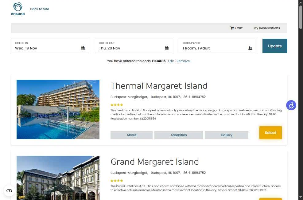 Ensana Hotels checkout page showing Ensana Hotels discount code box | Screenshot taken by SimplyCodes community member on Nov 19, 2025