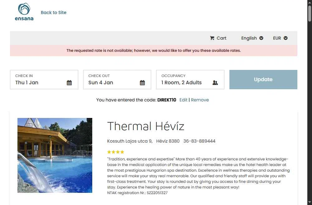 Ensana Hotels checkout page showing Ensana Hotels discount code box | Screenshot taken by SimplyCodes community member on Dec 25, 2025