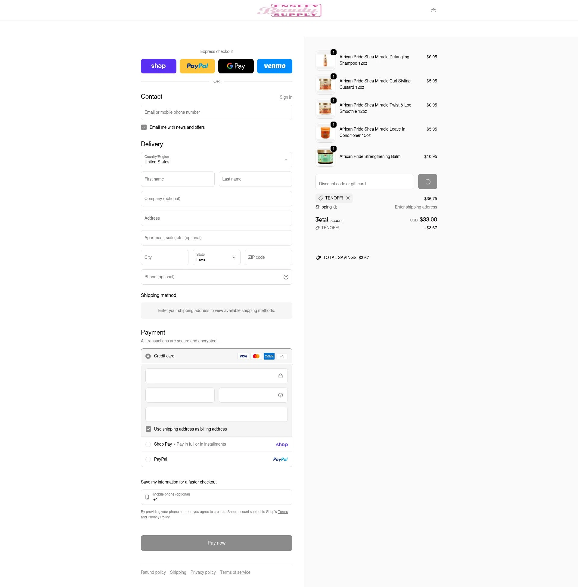 Ensley Beauty Supply checkout page showing Ensley Beauty Supply promo code box | Screenshot taken by SimplyCodes community member on Feb 5, 2026