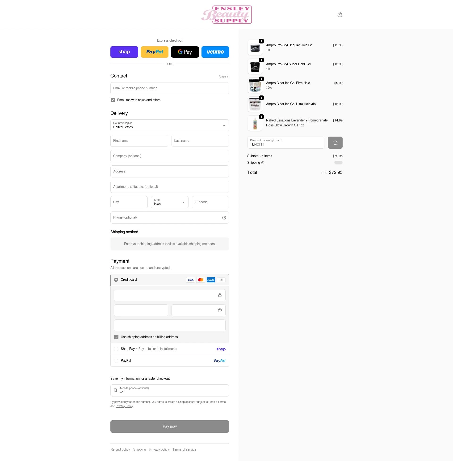Ensley Beauty Supply checkout page showing Ensley Beauty Supply promo code box | Screenshot taken by SimplyCodes community member on Feb 1, 2026