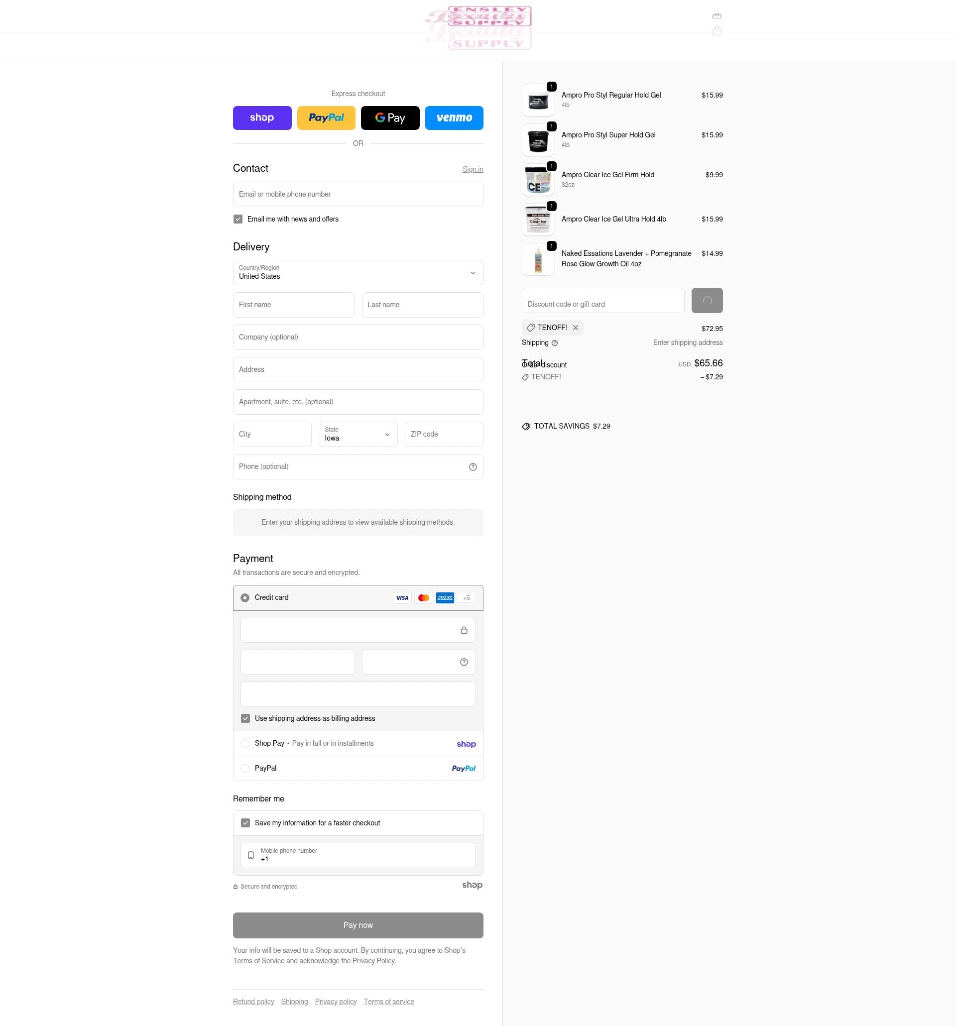 Ensley Beauty Supply checkout page showing Ensley Beauty Supply promo code box | Screenshot taken by SimplyCodes community member on Jan 23, 2026