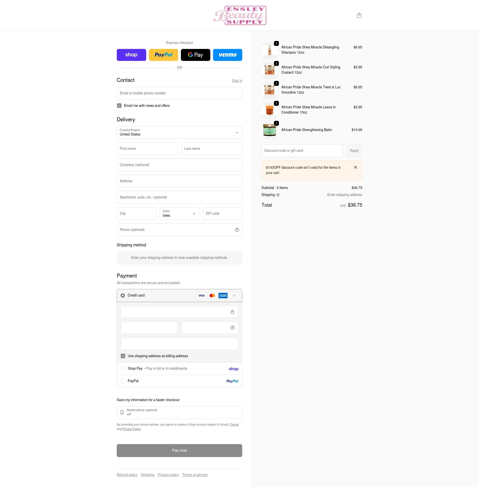 Ensley Beauty Supply checkout page showing Ensley Beauty Supply promo code box | Screenshot taken by SimplyCodes community member on Feb 9, 2026