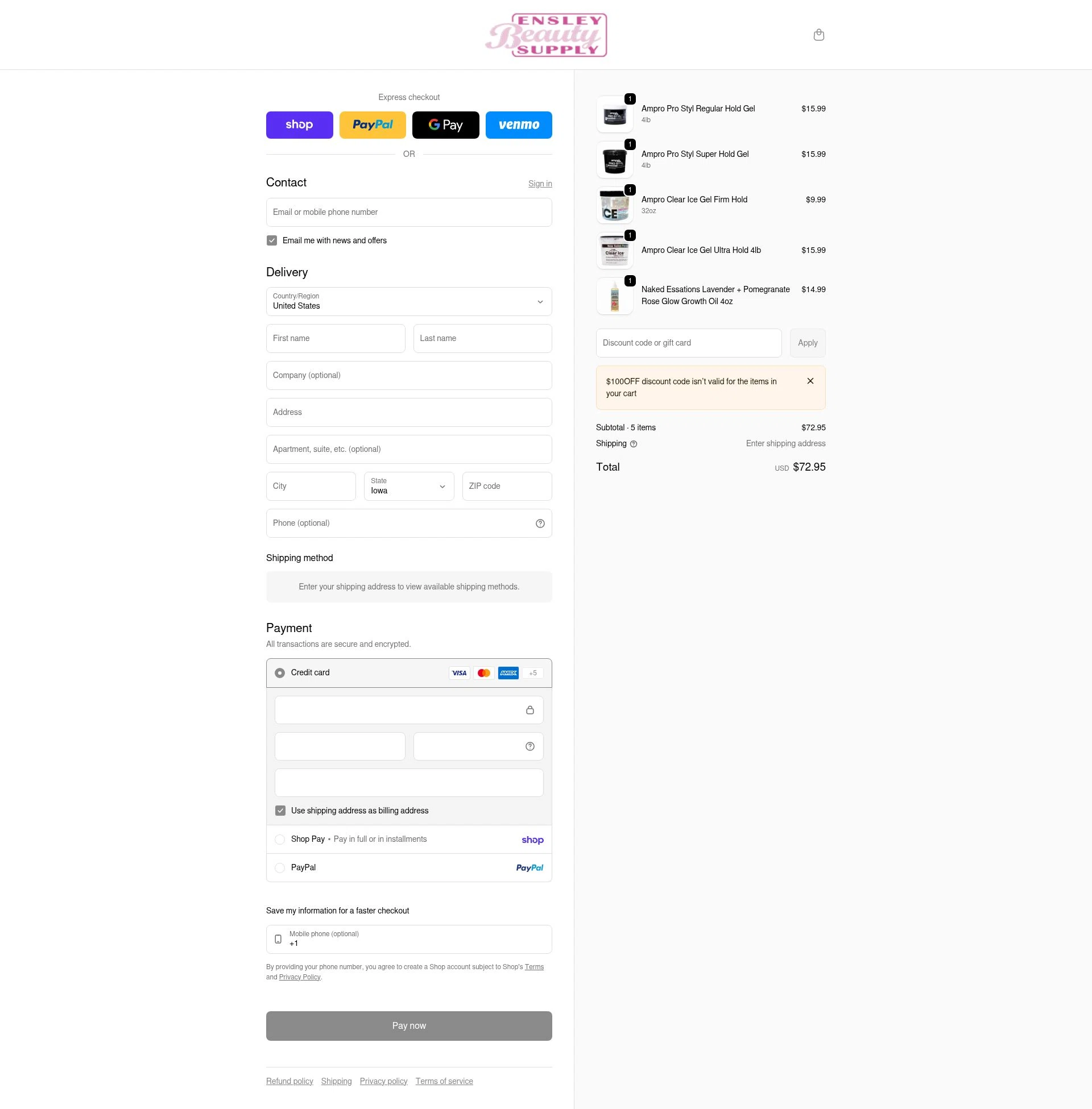 Ensley Beauty Supply checkout page showing Ensley Beauty Supply promo code box | Screenshot taken by SimplyCodes community member on Feb 1, 2026