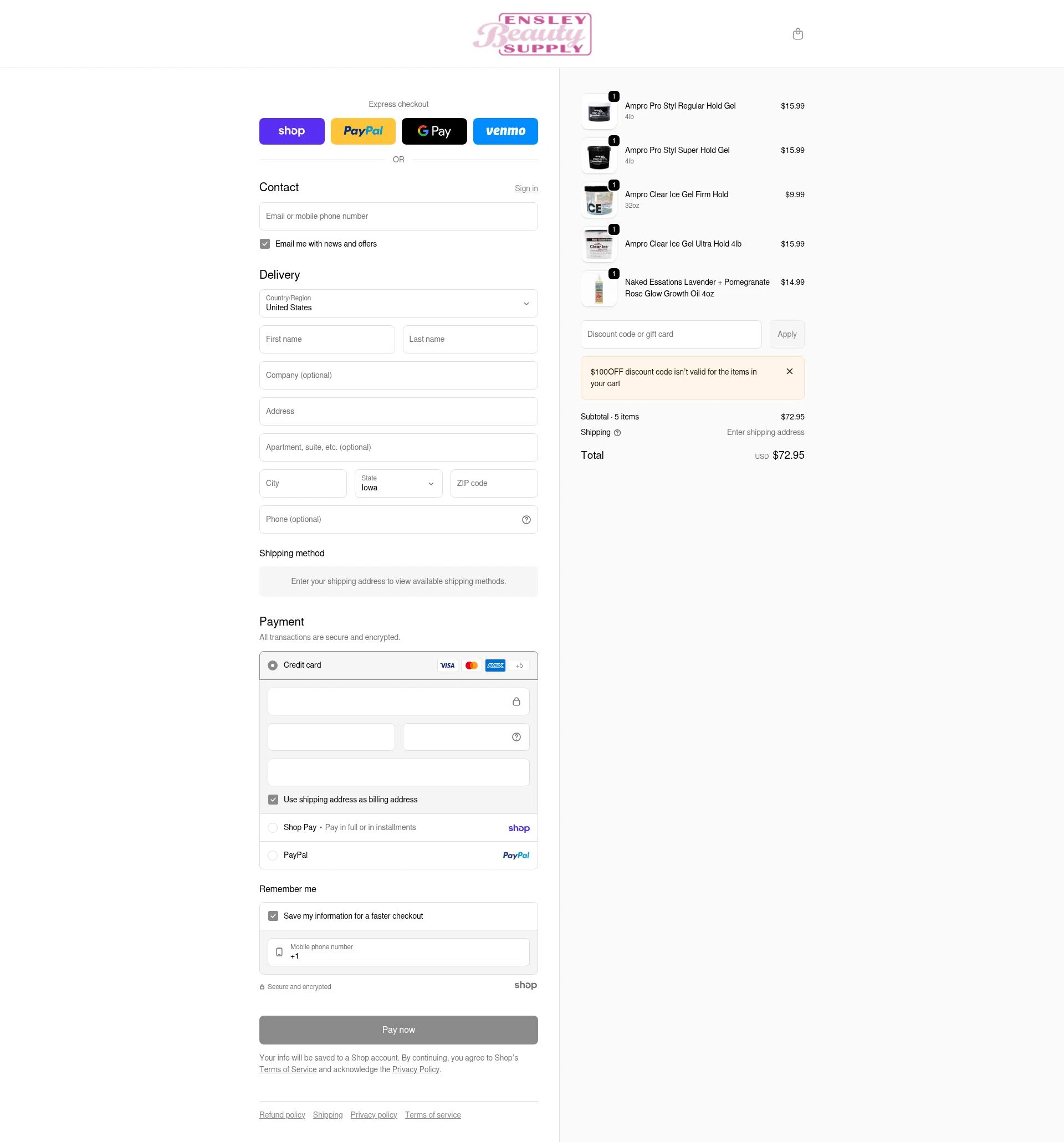 Ensley Beauty Supply checkout page showing Ensley Beauty Supply promo code box | Screenshot taken by SimplyCodes community member on Jan 23, 2026