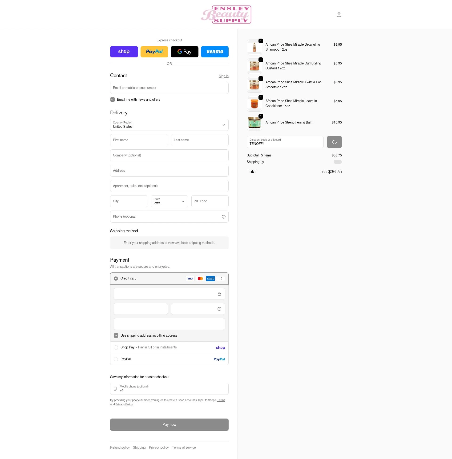 Ensley Beauty Supply checkout page showing Ensley Beauty Supply promo code box | Screenshot taken by SimplyCodes community member on Feb 9, 2026