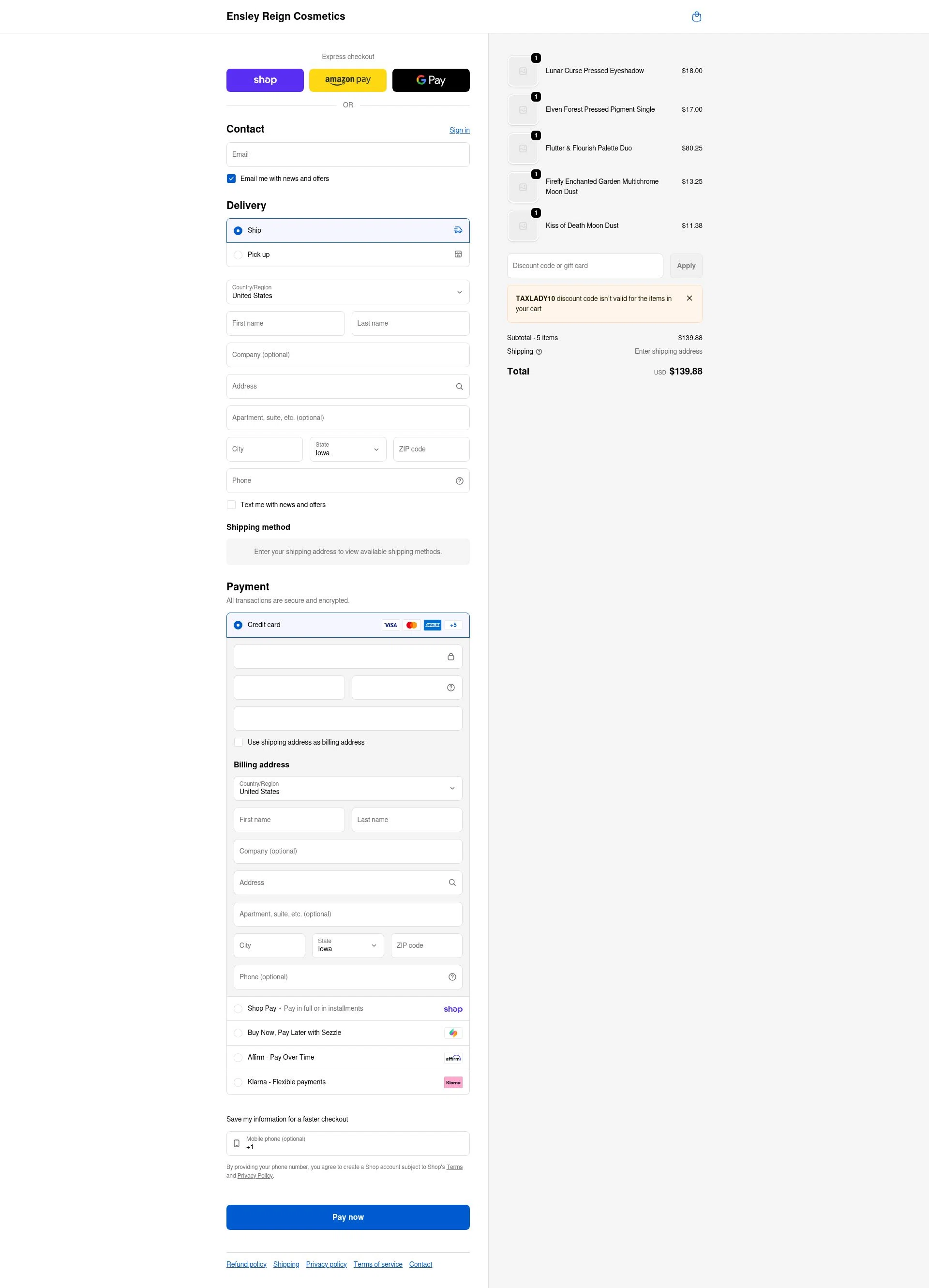 Ensley Reign Cosmetics checkout page showing Ensley Reign Cosmetics discount code box | Screenshot taken by SimplyCodes community member on Feb 11, 2026