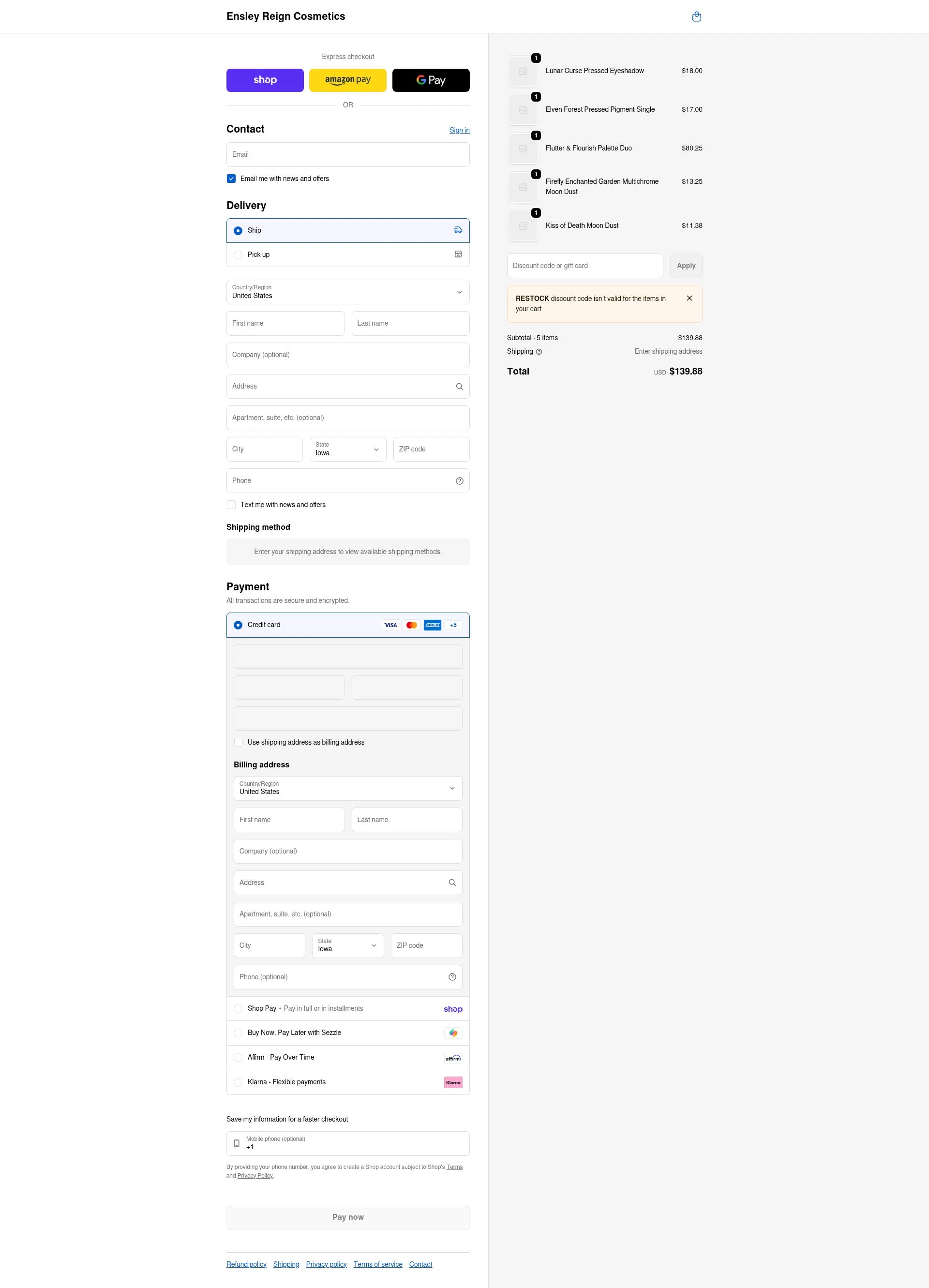 Ensley Reign Cosmetics checkout page showing Ensley Reign Cosmetics discount code box | Screenshot taken by SimplyCodes community member on Feb 11, 2026