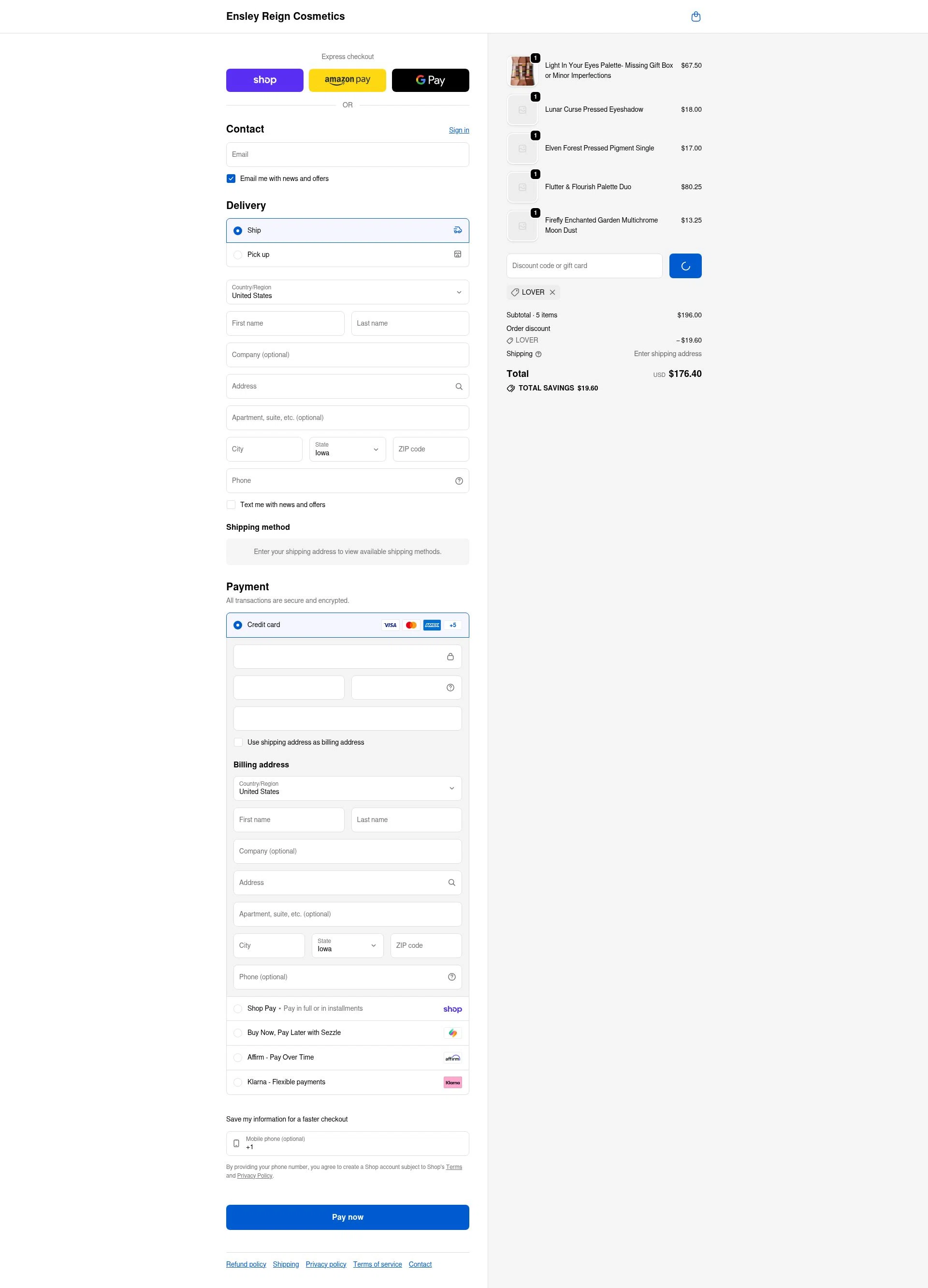 Ensley Reign Cosmetics checkout page showing Ensley Reign Cosmetics discount code box | Screenshot taken by SimplyCodes community member on Feb 15, 2026