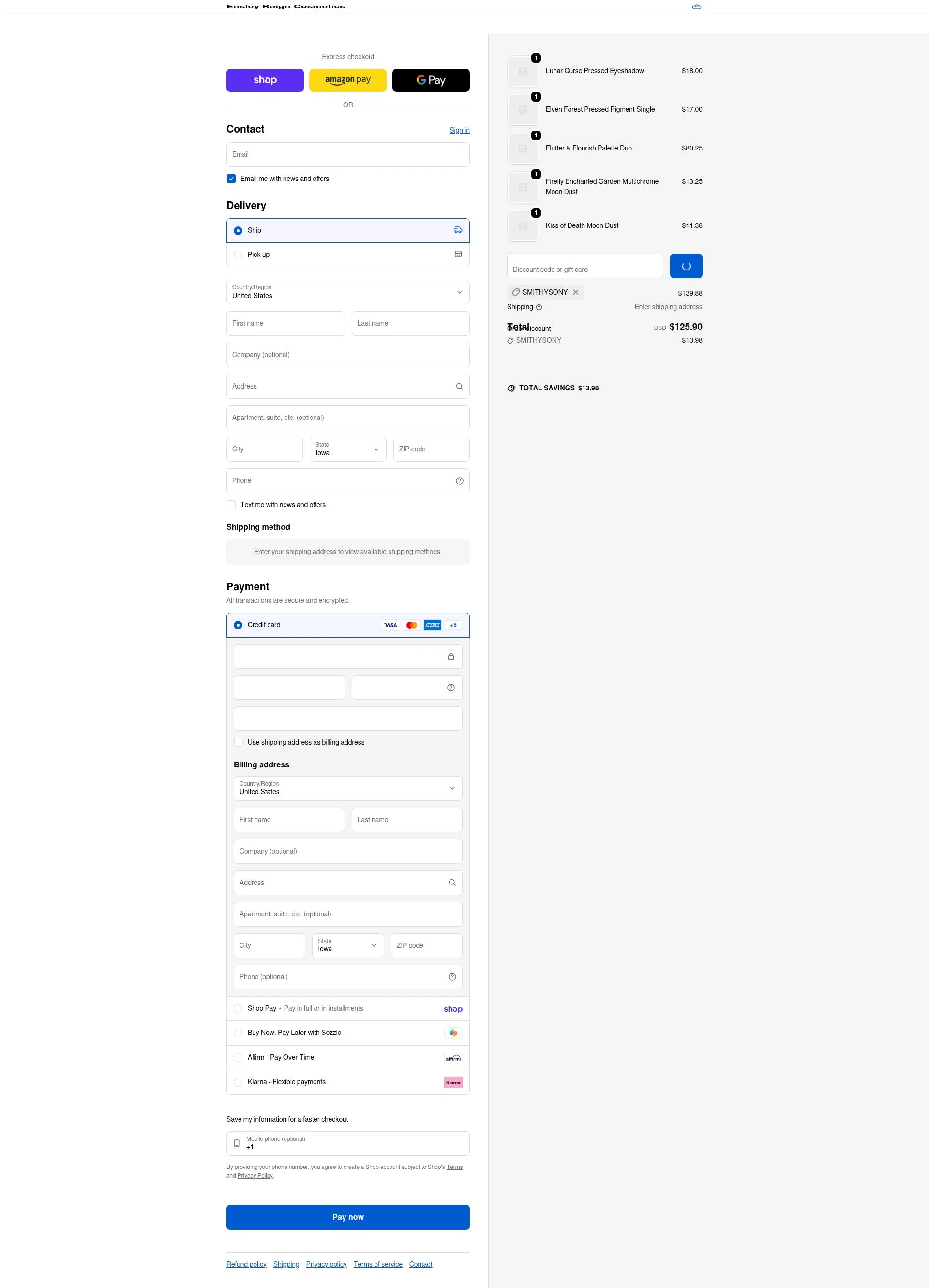 Ensley Reign Cosmetics checkout page showing Ensley Reign Cosmetics discount code box | Screenshot taken by SimplyCodes community member on Feb 11, 2026