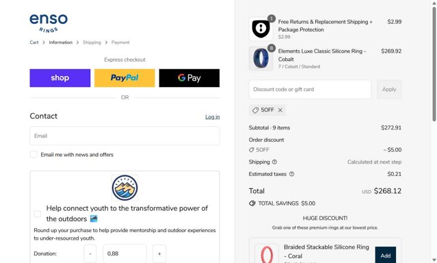Enso Rings checkout page showing Enso Rings discount code box | Screenshot taken by SimplyCodes community member on Sep 1, 2025