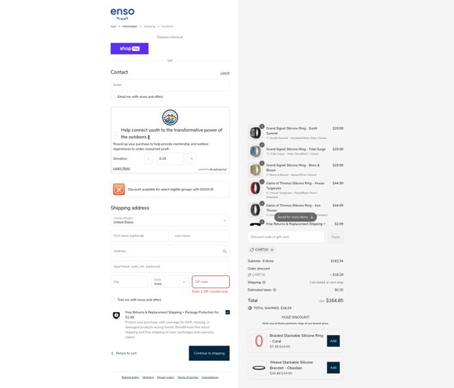 Enso Rings checkout page showing Enso Rings discount code box | Screenshot taken by SimplyCodes community member on Aug 28, 2025