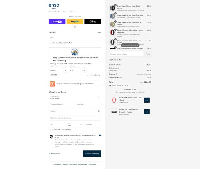 Enso Rings checkout page showing Enso Rings discount code box | Screenshot taken by SimplyCodes community member on Aug 24, 2025