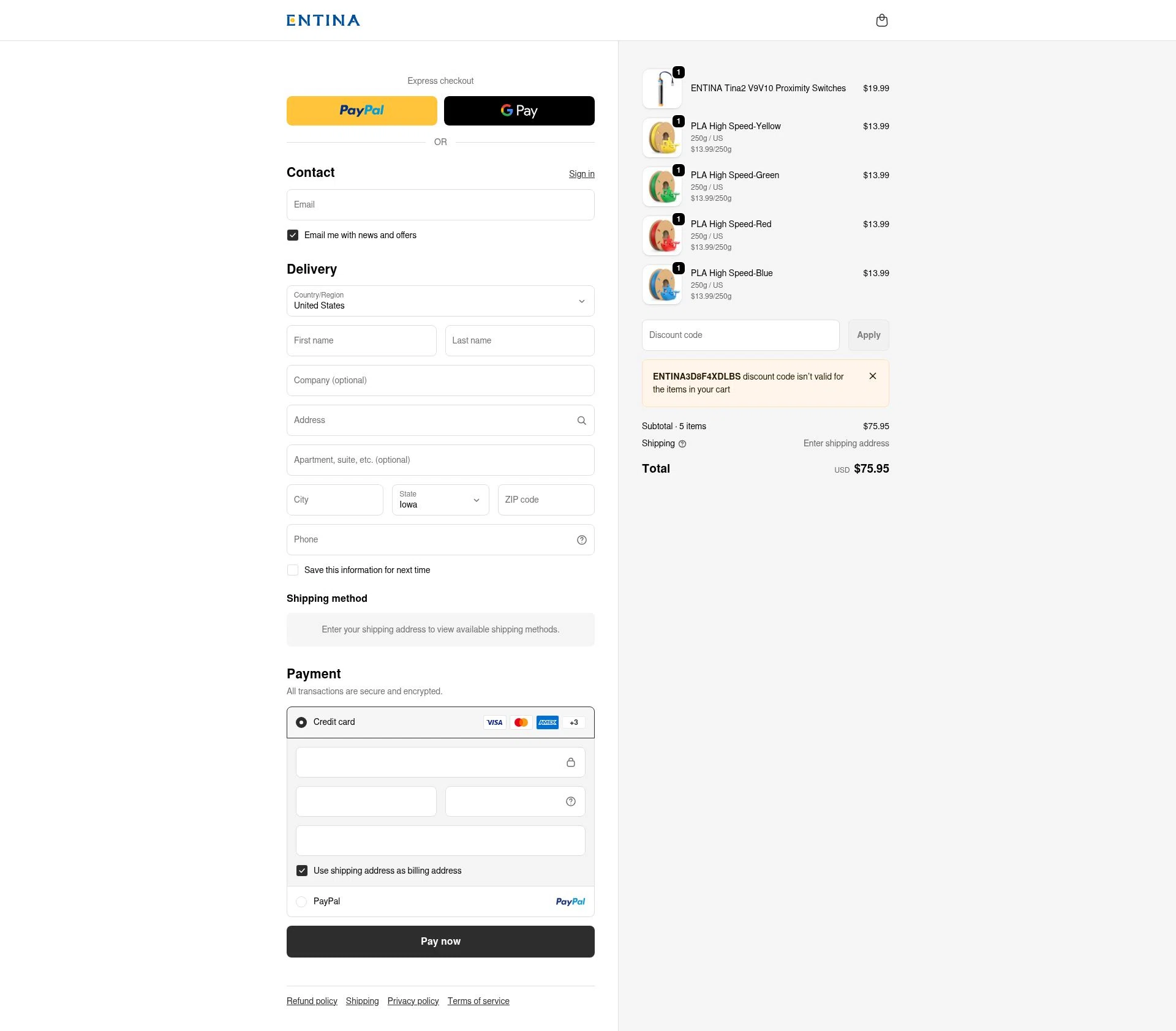 ENTINA 3D checkout page showing ENTINA 3D promo code box | Screenshot taken by SimplyCodes community member on Dec 27, 2025
