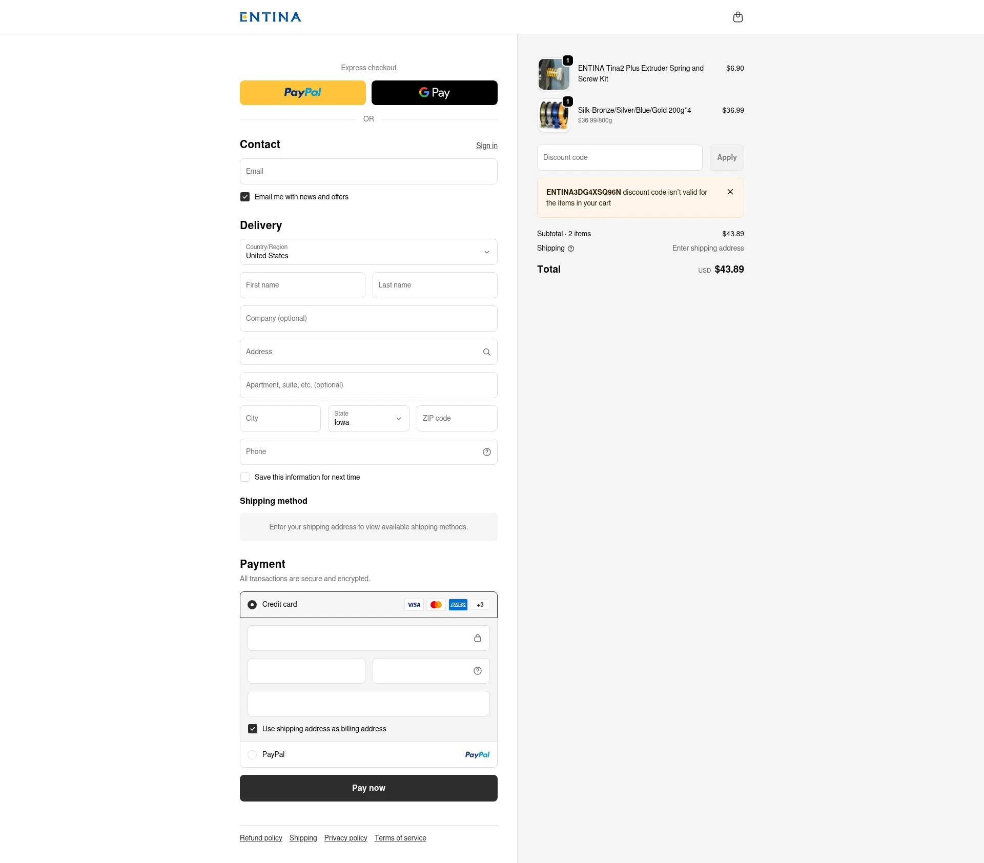 ENTINA 3D checkout page showing ENTINA 3D promo code box | Screenshot taken by SimplyCodes community member on Dec 22, 2025