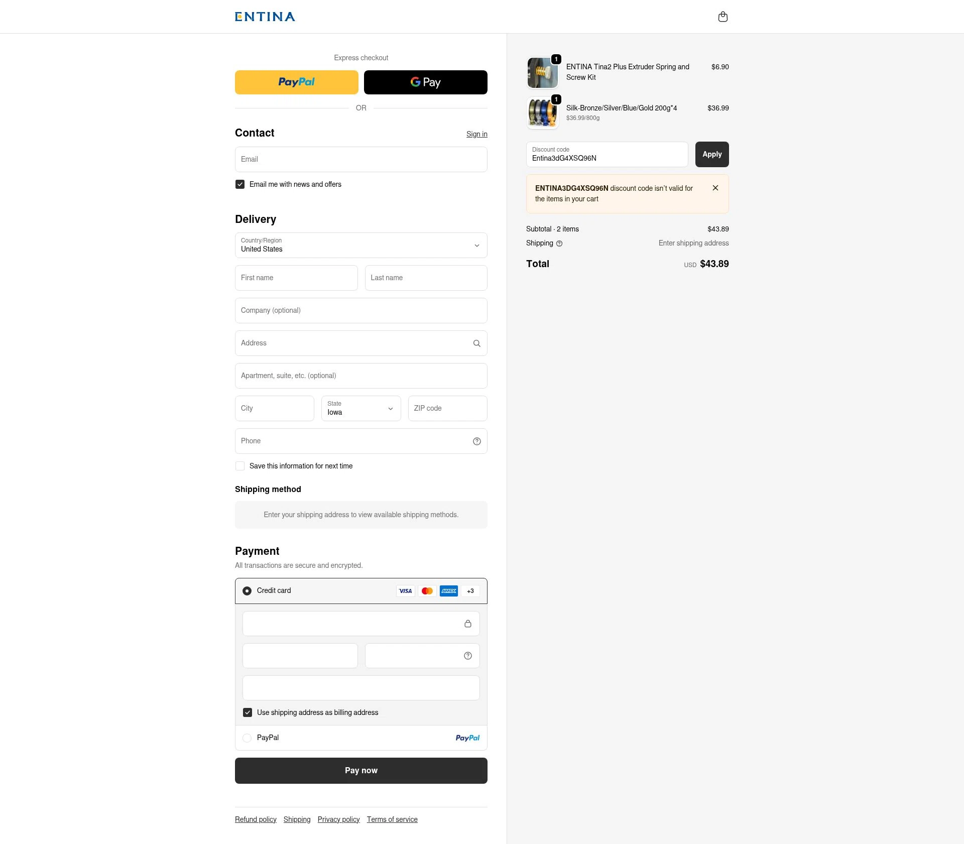 ENTINA 3D checkout page showing ENTINA 3D promo code box | Screenshot taken by SimplyCodes community member on Dec 15, 2025