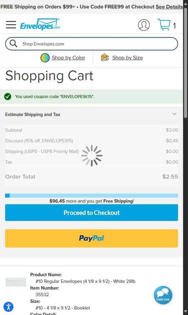 Envelopes.com checkout page showing Envelopes.com promo code box | Screenshot taken by SimplyCodes community member on Sep 9, 2025