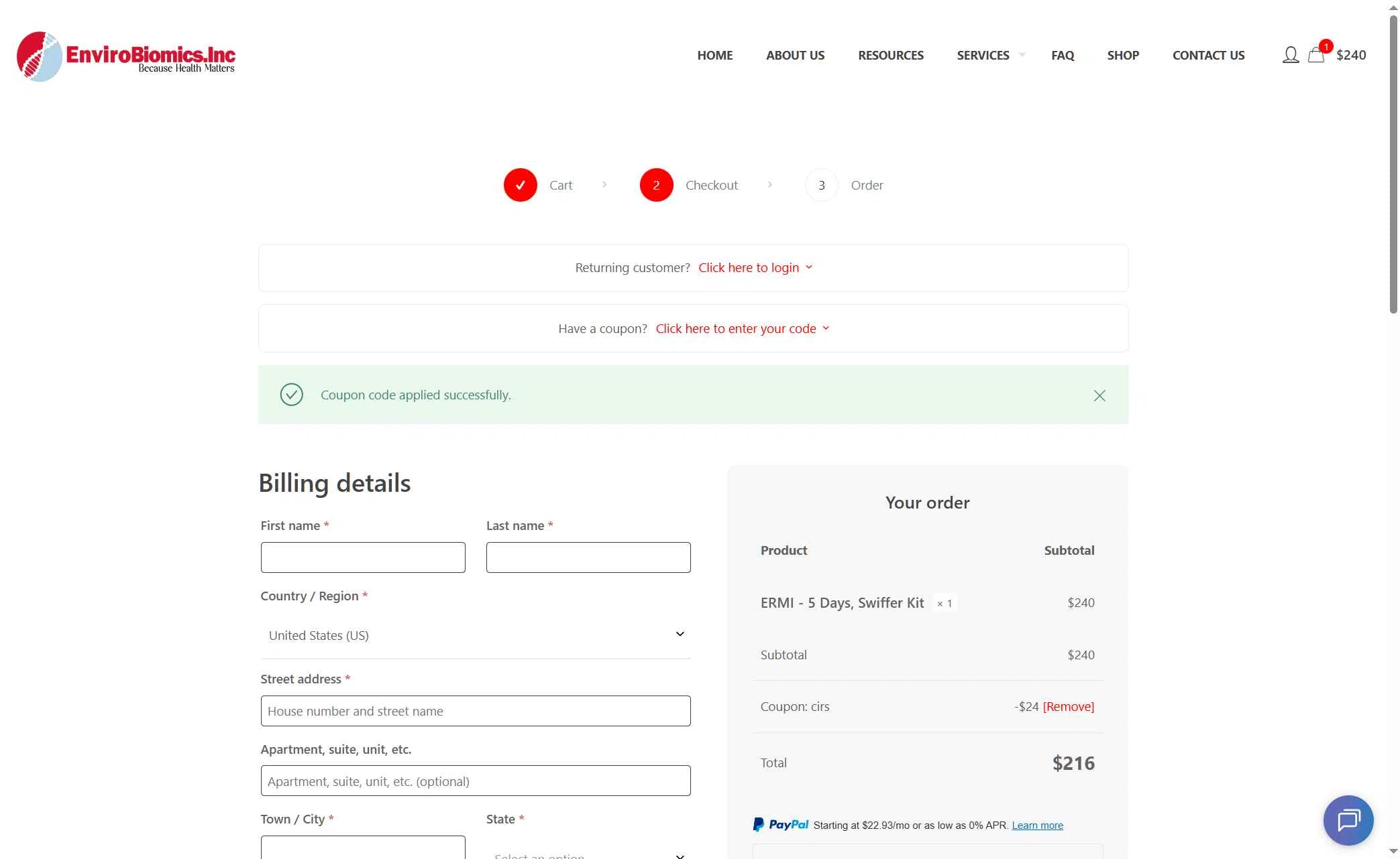 EnviroBiomics checkout page showing EnviroBiomics coupon code box | Screenshot taken by SimplyCodes community member on Jan 9, 2026