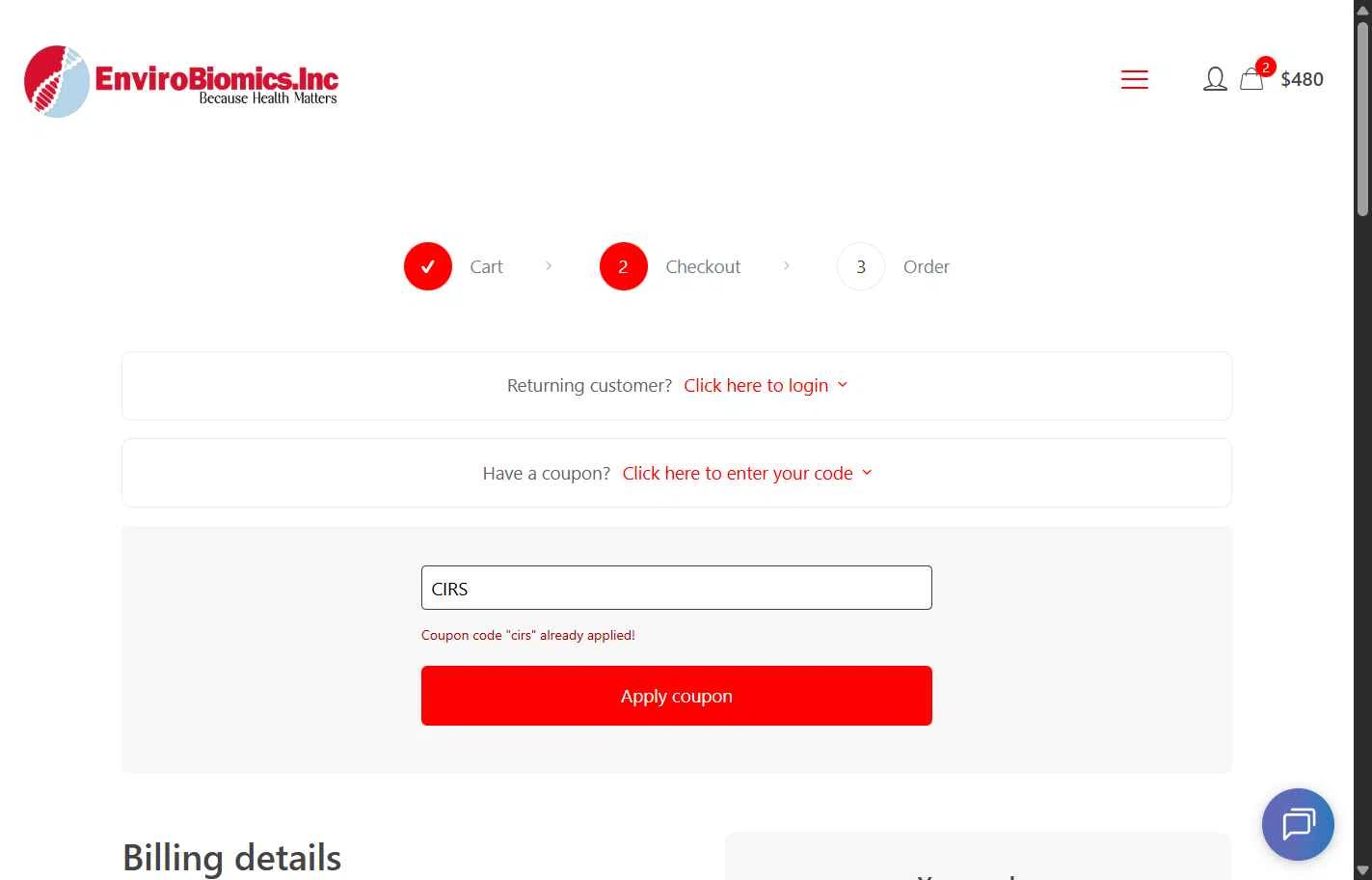EnviroBiomics checkout page showing EnviroBiomics coupon code box | Screenshot taken by SimplyCodes community member on Feb 7, 2026